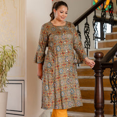 Rayon Printed Green Calf-Length Kurti with Three Quarter Sleeves (Plus Size)