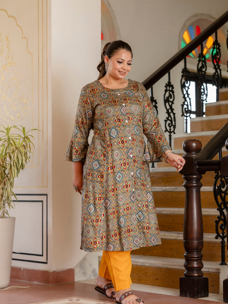 Rayon Printed Green Calf-Length Kurti with Three Quarter Sleeves (Plus Size)