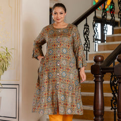 Rayon Printed Green Calf-Length Kurti with Three Quarter Sleeves (Plus Size)