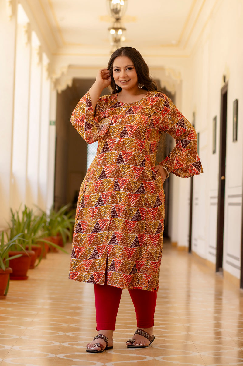 Rayon Printed Multicolor  Calf-Length Kurti with Three Quarter Sleeves (Plus Size)