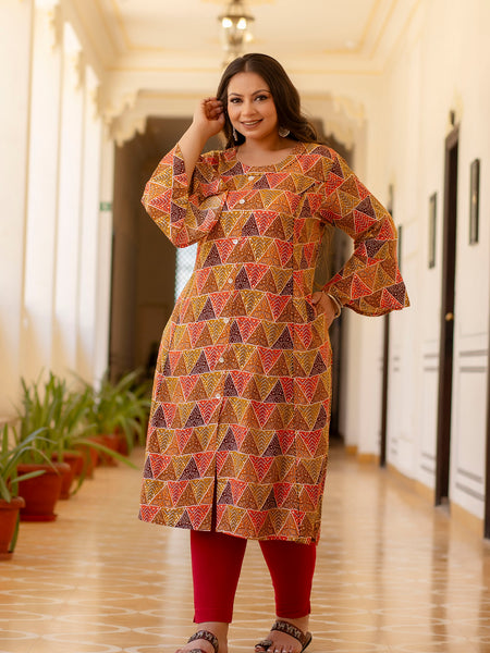 Rayon Printed Multicolor  Calf-Length Kurti with Three Quarter Sleeves (Plus Size)