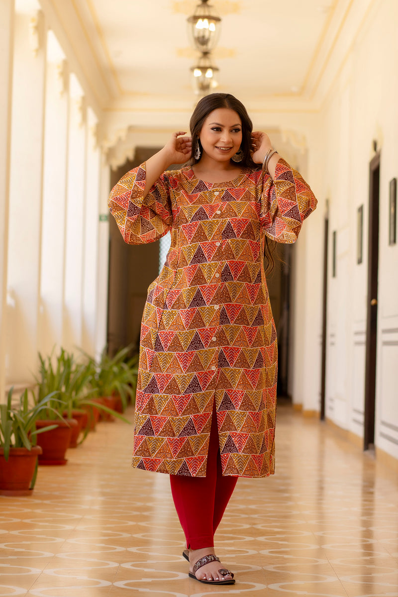 Rayon Printed Multicolor  Calf-Length Kurti with Three Quarter Sleeves (Plus Size)