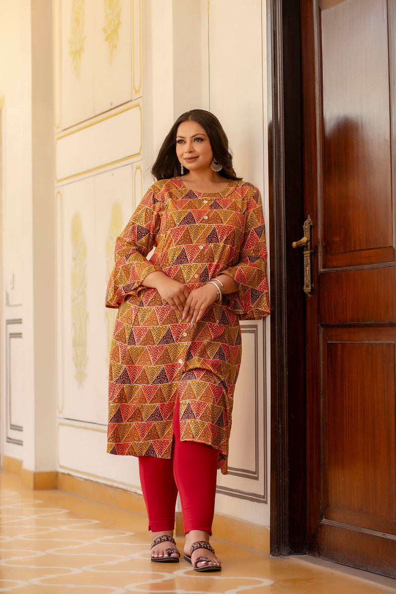 Rayon Printed Multicolor  Calf-Length Kurti with Three Quarter Sleeves (Plus Size)