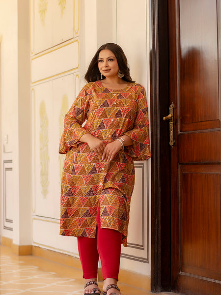 Rayon Printed Multicolor  Calf-Length Kurti with Three Quarter Sleeves (Plus Size)