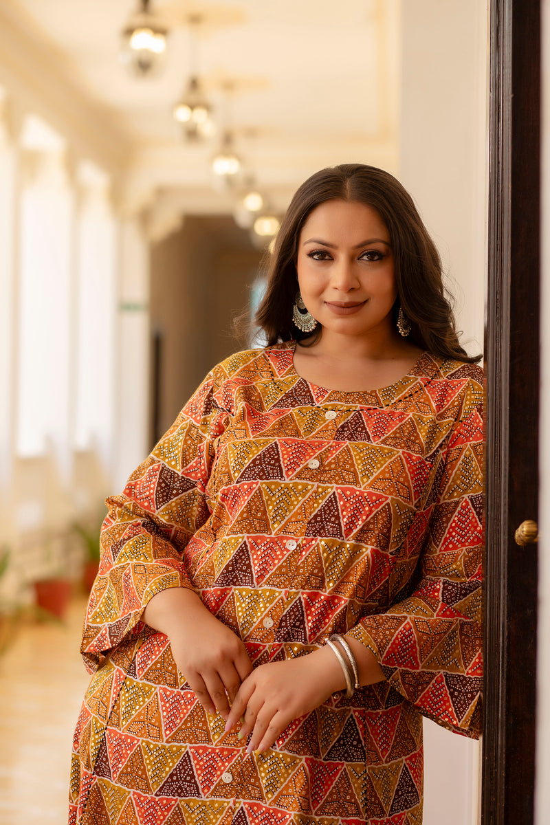 Rayon Printed Multicolor  Calf-Length Kurti with Three Quarter Sleeves (Plus Size)