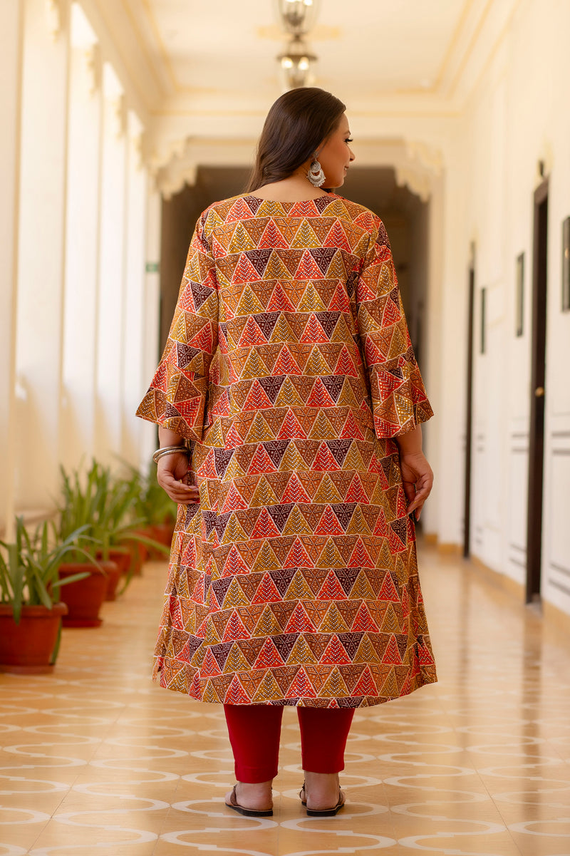 Rayon Printed Multicolor  Calf-Length Kurti with Three Quarter Sleeves (Plus Size)