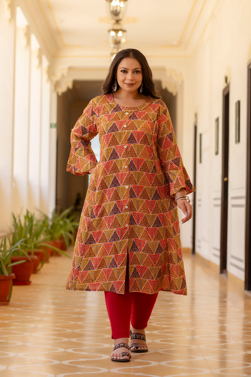 Rayon Printed Multicolor  Calf-Length Kurti with Three Quarter Sleeves (Plus Size)