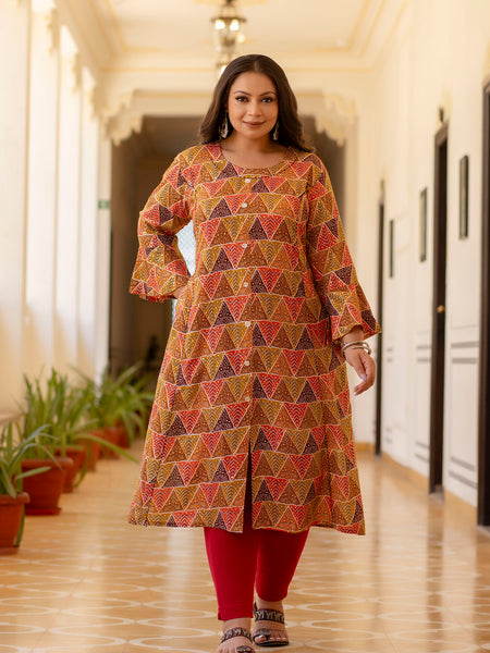 Rayon Printed Multicolor  Calf-Length Kurti with Three Quarter Sleeves (Plus Size)