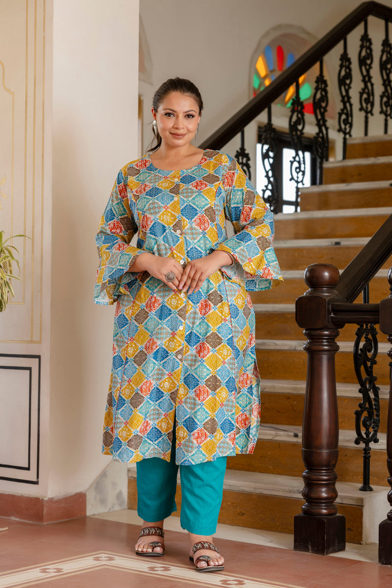 Rayon Printed Turquoise  Calf-Length Kurti with Three Quarter Sleeves (Plus Size)