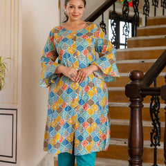 Rayon Printed Turquoise  Calf-Length Kurti with Three Quarter Sleeves (Plus Size)