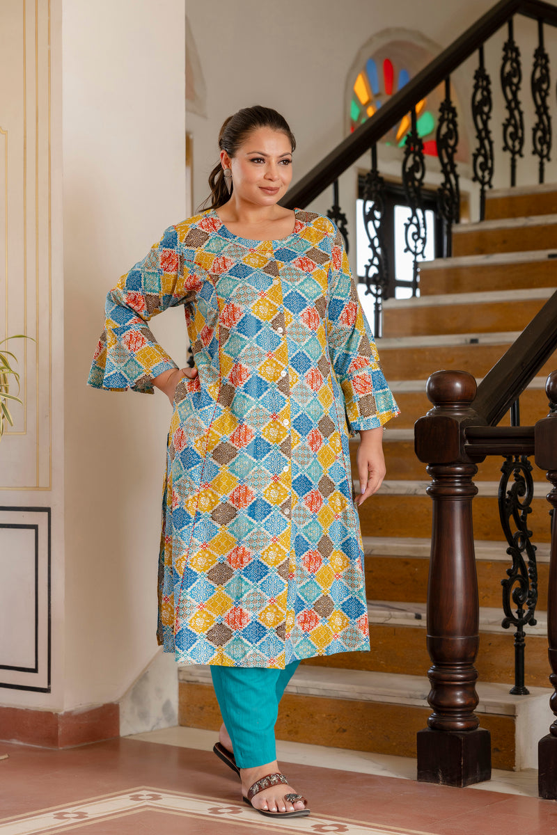Rayon Printed Turquoise  Calf-Length Kurti with Three Quarter Sleeves (Plus Size)