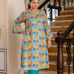 Rayon Printed Turquoise  Calf-Length Kurti with Three Quarter Sleeves (Plus Size)