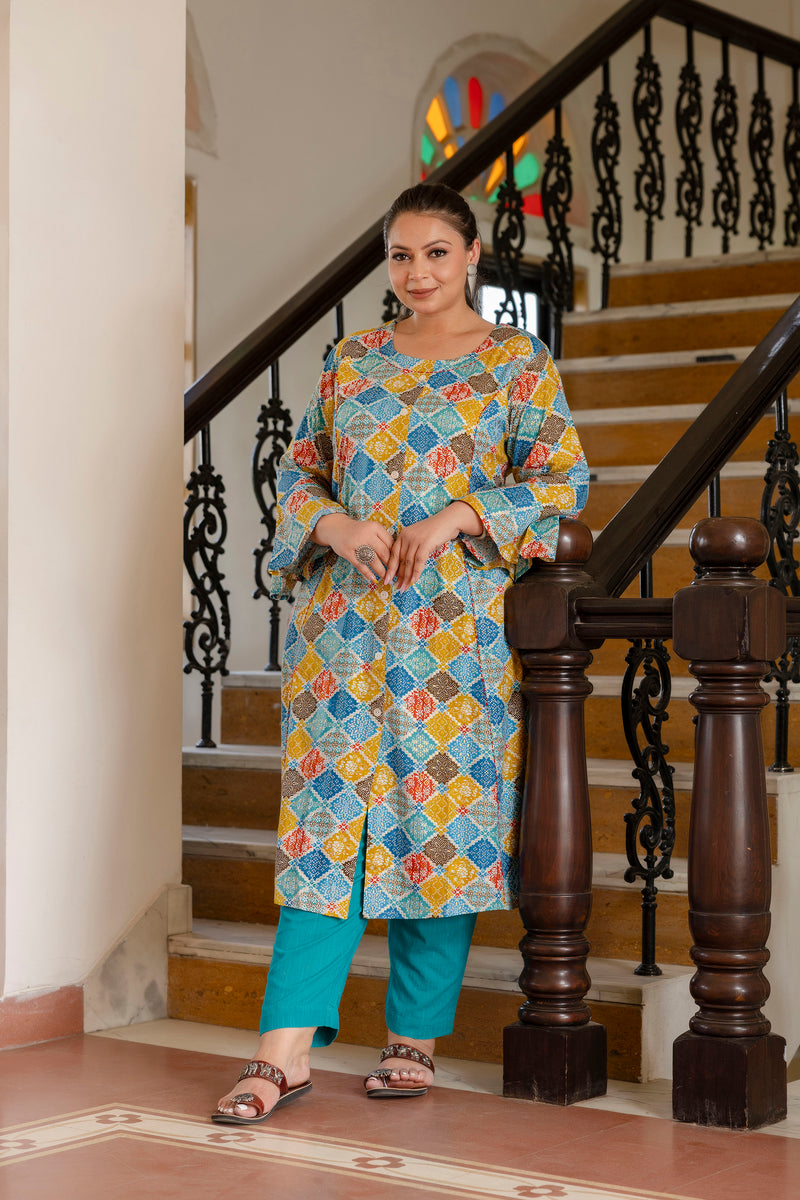 Rayon Printed Turquoise  Calf-Length Kurti with Three Quarter Sleeves (Plus Size)