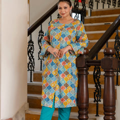 Rayon Printed Turquoise  Calf-Length Kurti with Three Quarter Sleeves (Plus Size)