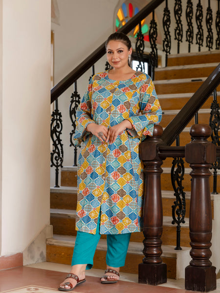 Rayon Printed Turquoise  Calf-Length Kurti with Three Quarter Sleeves (Plus Size)