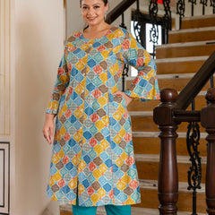 Rayon Printed Turquoise  Calf-Length Kurti with Three Quarter Sleeves (Plus Size)