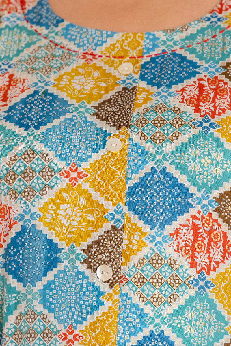 Rayon Printed Turquoise  Calf-Length Kurti with Three Quarter Sleeves (Plus Size)