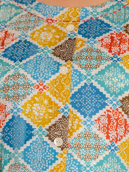 Rayon Printed Turquoise  Calf-Length Kurti with Three Quarter Sleeves (Plus Size)