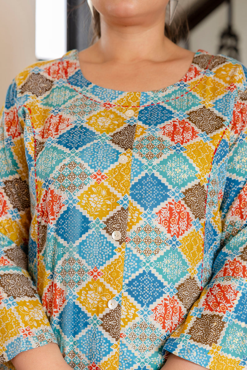 Rayon Printed Turquoise  Calf-Length Kurti with Three Quarter Sleeves (Plus Size)