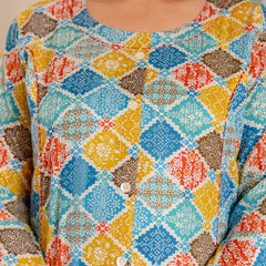 Rayon Printed Turquoise  Calf-Length Kurti with Three Quarter Sleeves (Plus Size)