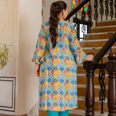 Rayon Printed Turquoise  Calf-Length Kurti with Three Quarter Sleeves (Plus Size)