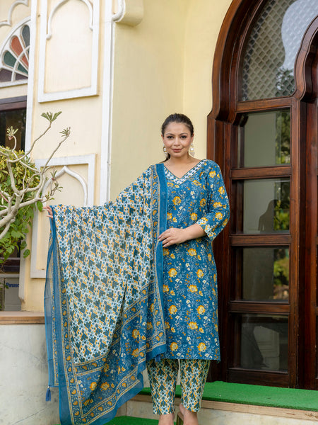 Blue Printed Cotton Kurta Pant Dupatta Set for Women (Plus Size)