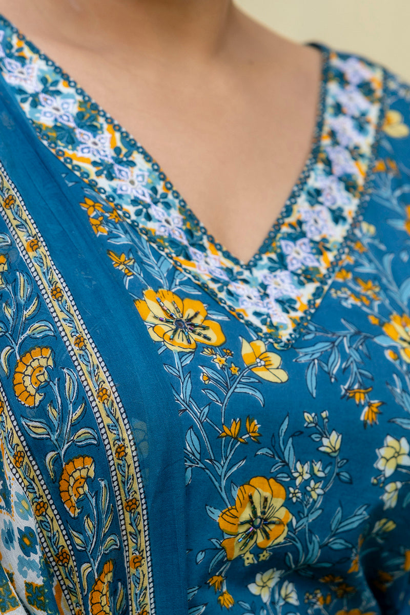 Blue Printed Cotton Kurta Pant Dupatta Set for Women (Plus Size)