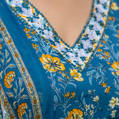 Blue Printed Cotton Kurta Pant Dupatta Set for Women (Plus Size)