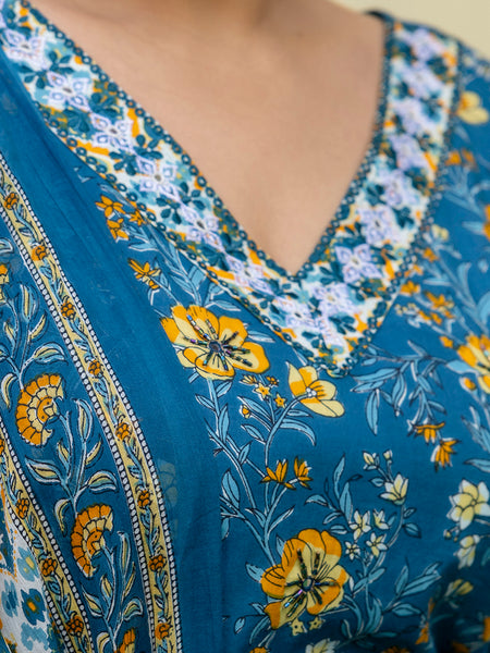 Blue Printed Cotton Kurta Pant Dupatta Set for Women (Plus Size)