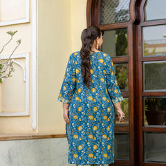 Blue Printed Cotton Kurta Pant Dupatta Set for Women (Plus Size)