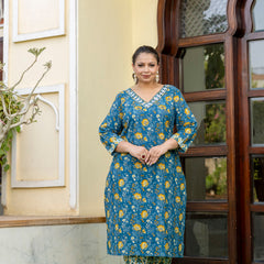 Blue Printed Cotton Kurta Pant Dupatta Set for Women (Plus Size)