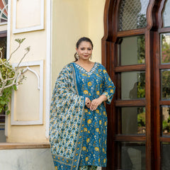 Blue Printed Cotton Kurta Pant Dupatta Set for Women (Plus Size)