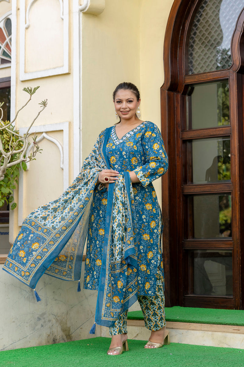Blue Printed Cotton Kurta Pant Dupatta Set for Women (Plus Size)