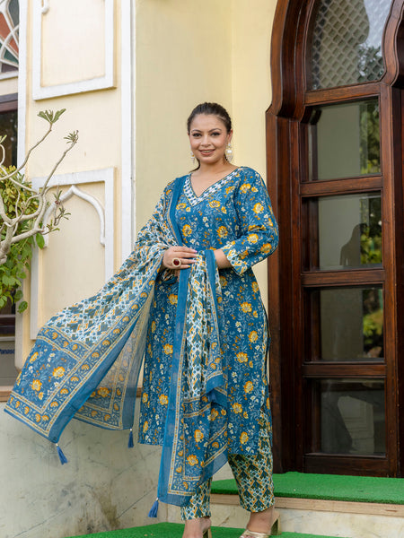 Blue Printed Cotton Kurta Pant Dupatta Set for Women (Plus Size)
