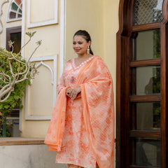 Coral Printed Cotton Kurta Pant Dupatta Set for Women (Plus Size)