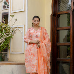 Coral Printed Cotton Kurta Pant Dupatta Set for Women (Plus Size)