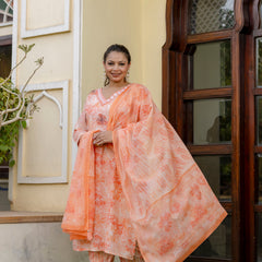 Coral Printed Cotton Kurta Pant Dupatta Set for Women (Plus Size)