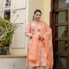 Coral Printed Cotton Kurta Pant Dupatta Set for Women (Plus Size)