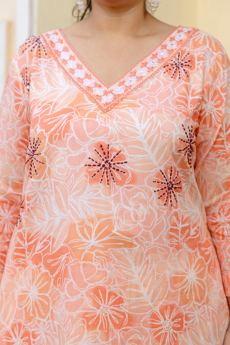 Coral Printed Cotton Kurta Pant Dupatta Set for Women (Plus Size)