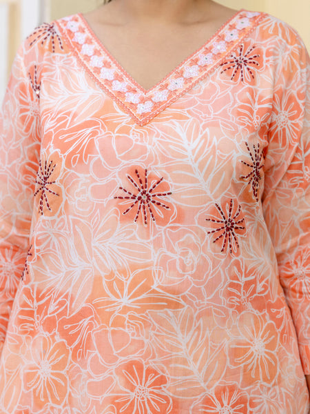 Coral Printed Cotton Kurta Pant Dupatta Set for Women (Plus Size)