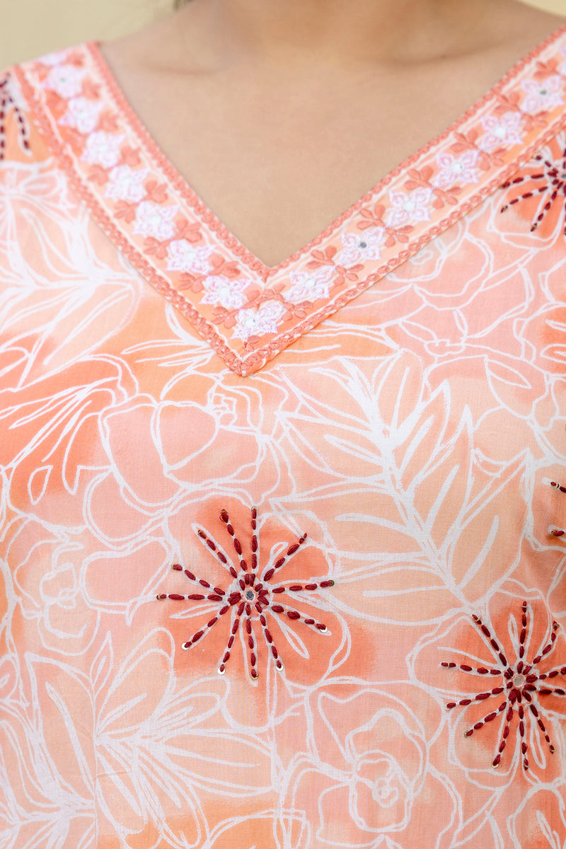 Coral Printed Cotton Kurta Pant Dupatta Set for Women (Plus Size)