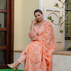Coral Printed Cotton Kurta Pant Dupatta Set for Women (Plus Size)