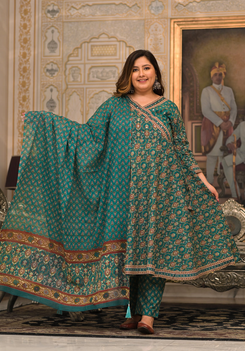 Green Printed Cotton Angarkha Kurta Pant Dupatta Set for Women (Plus Size)