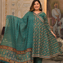 Green Printed Cotton Angarkha Kurta Pant Dupatta Set for Women (Plus Size)