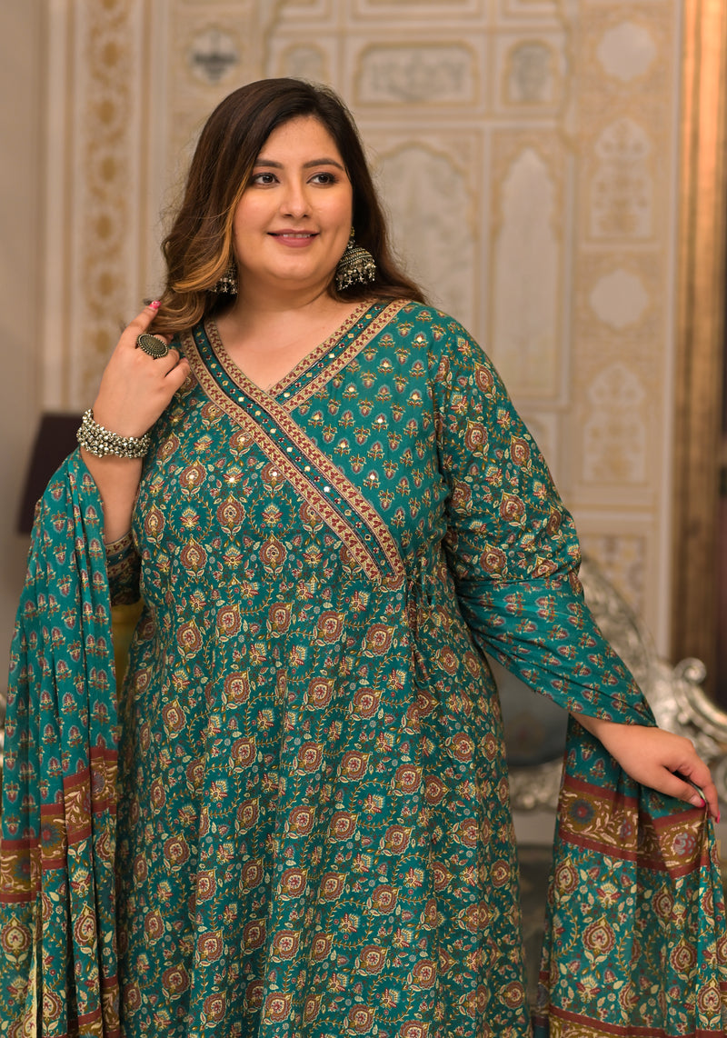 Green Printed Cotton Angarkha Kurta Pant Dupatta Set for Women (Plus Size)
