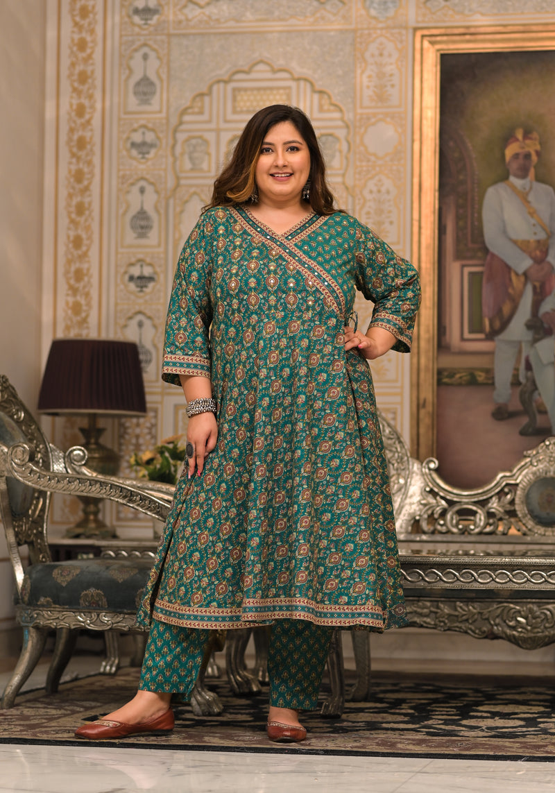 Green Printed Cotton Angarkha Kurta Pant Dupatta Set for Women (Plus Size)