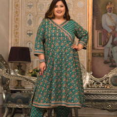 Green Printed Cotton Angarkha Kurta Pant Dupatta Set for Women (Plus Size)