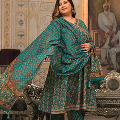 Green Printed Cotton Angarkha Kurta Pant Dupatta Set for Women (Plus Size)