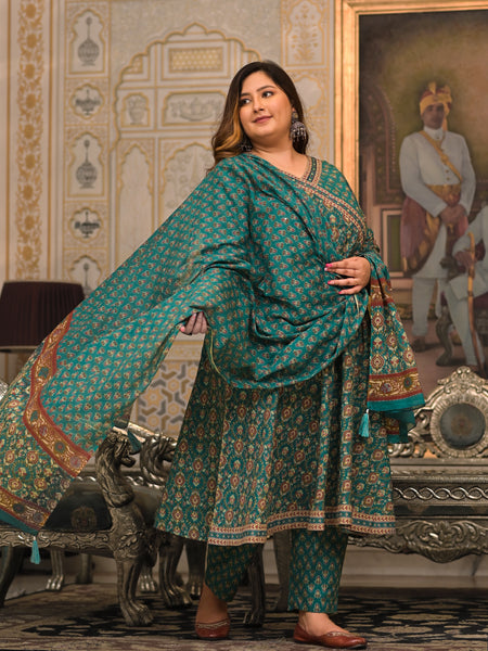 Green Printed Cotton Angarkha Kurta Pant Dupatta Set for Women (Plus Size)