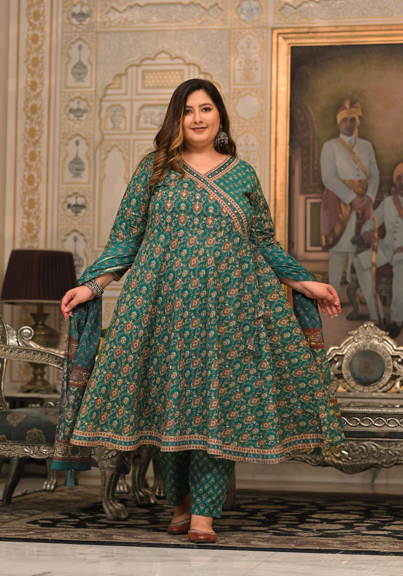 Green Printed Cotton Angarkha Kurta Pant Dupatta Set for Women (Plus Size)